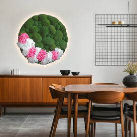 Moosbild mit Ballenmoos, Hortensien & LED-Beleuchtung