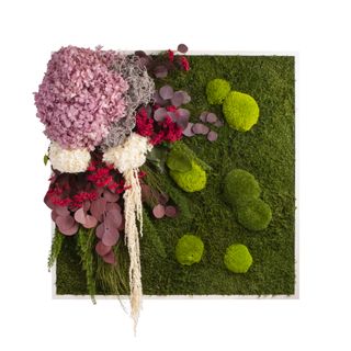 Moosbild Wald- & Ballenmoos mit Hortensien rosé 80 x 80 cm Tischlerrahmen weiß - 2