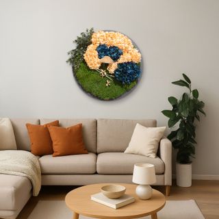 Moosbild Bärenfell mit Hortensien light Orange & Blue