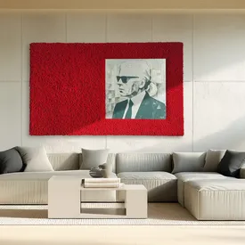 Rotes Moosbild mit Porträt-Druck über einem Sofa